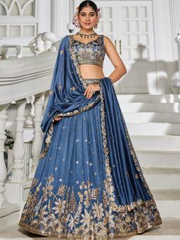 Panchhi - Navy Blue Chiffon Embroidery Semi-Stitched Lehenga with Stitched Choli and Dupatta