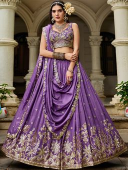 Panchhi - Purple Chiffon Embroidery Semi-Stitched Lehenga with Stitched Choli and Dupatta