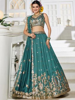 Panchhi - Teal Chiffon Embroidery Semi-Stitched Lehenga with Stitched Choli and Dupatta