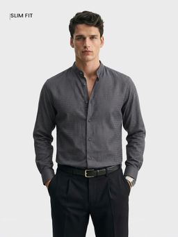 The Indian Garage Co - Mens Grey Slim Fit Textured Mandarin Collar Full Sleeves Shirt