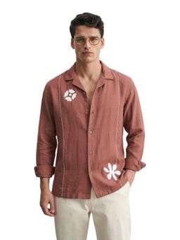 The Indian Garage Co - Mens Rust Relaxed Fit Embroidered Collar Neck Full Sleeves Shirt