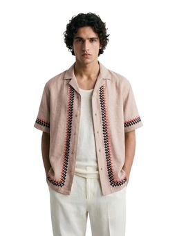 The Indian Garage Co - Mens Beige Relaxed Fit Embroidered Collar Neck Half Sleeves Shirt