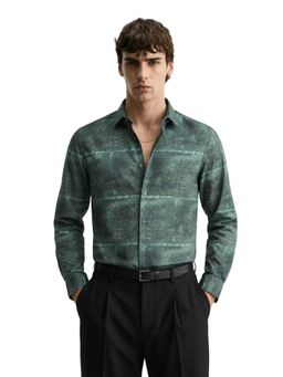 The Indian Garage Co - Mens Green Slim Fit Printed Cutaway Collar Full Sleeves Shirt