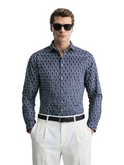 The Indian Garage Co - Mens Blue Slim Fit Printed Cutaway Collar Full Sleeves Shirt