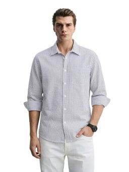 The Indian Garage Co - Mens Blue Relaxed Fit Stripes Cutaway Collar Full Sleeves Shirt