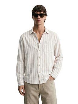 The Indian Garage Co - Mens Khaki Relaxed Fit Stripes Cutaway Collar Full Sleeves Shirt