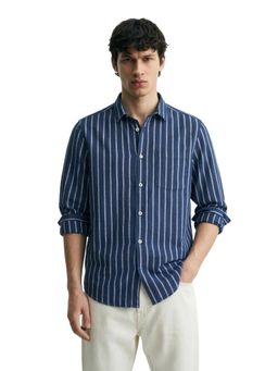 The Indian Garage Co - Mens Navy Blue Regular Fit Stripes Cutaway Collar Full Sleeves Shirt