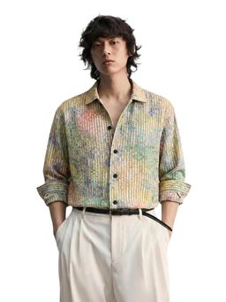 The Indian Garage Co - Mens Khaki Regular Fit Textured Cutaway Collar Full Sleeves Shirt