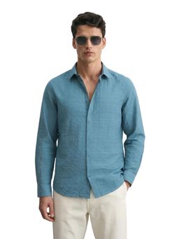 The Indian Garage Co - Mens Blue Regular Fit Textured Cutaway Collar Full Sleeves Shirt