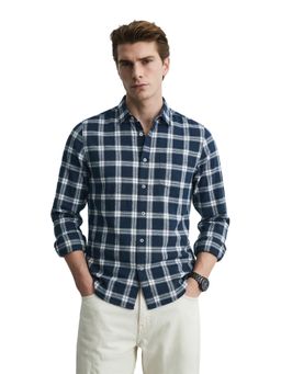 The Indian Garage Co - Mens Blue Slim Fit Checks Cutaway Collar Full Sleeves Shirt