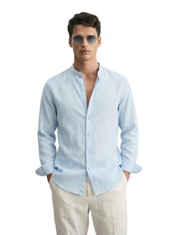 The Indian Garage Co - Mens Blue Slim Fit Solid Mandarin Collar Full Sleeves Shirt