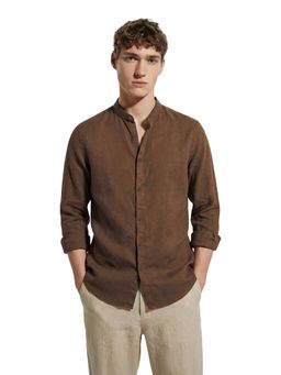 The Indian Garage Co - Mens Brown Slim Fit Solid Mandarin Collar Full Sleeves Shirt