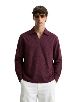 The Indian Garage Co - Mens Maroon Relaxed Fit Textured Resort Collar Full Sleeves Shirt