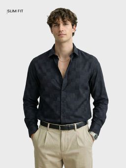 The Indian Garage Co - Mens Black Slim Fit Checks Cutaway Collar Full Sleeves Shirt