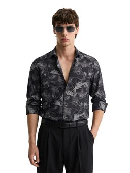 The Indian Garage Co - Mens Black Slim Fit Floral Printed Cutaway Collar Full Sleeves Shirt