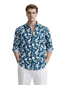 The Indian Garage Co - Mens Blue Slim Fit Printed Cutaway Collar Full Sleeves Shirt