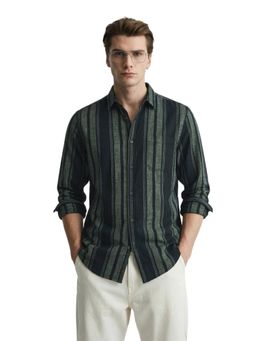 The Indian Garage Co - Mens Green Slim Fit Stripes Cutaway Collar Full Sleeves Shirt