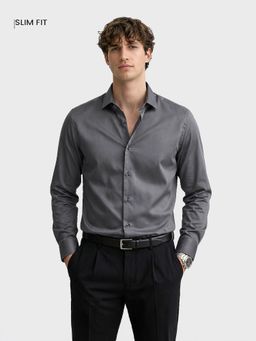 The Indian Garage Co - Mens Grey Slim Fit Solid Cutaway Collar Full Sleeves Shirt