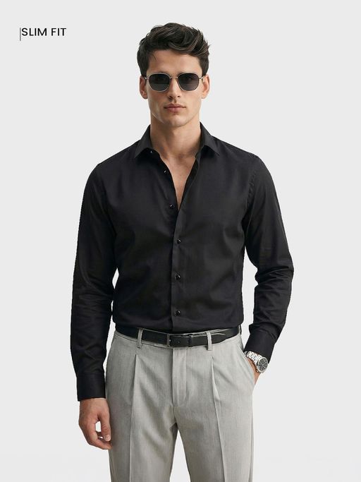 The Indian Garage Co Mens Black Slim Fit Solid Cutaway Collar Full Sleeves Shirt