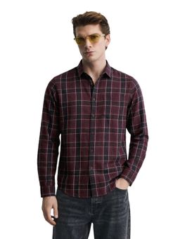 The Indian Garage Co - Mens Maroon Slim Fit Checks Cutaway Collar Full Sleeves Shirt