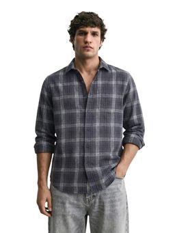 The Indian Garage Co - Mens Grey Slim Fit Checks Cutaway Collar Full Sleeves Shirt