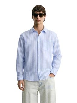 The Indian Garage Co - Mens Blue Relaxed Fit Vertical Stripes Cutaway Collar Full Sleeves Shirt