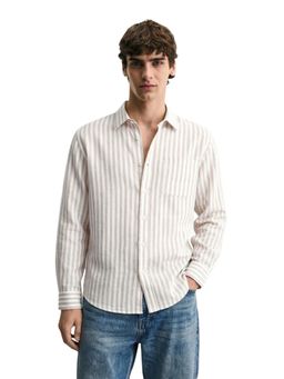 The Indian Garage Co - Mens Khaki Relaxed Fit Vertical Stripes Cutaway Collar Full Sleeves Shirt