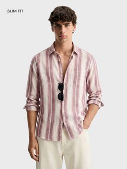 The Indian Garage Co - Mens Purple Slim Fit Vertical Stripes Cutaway Collar Full Sleeves Shirt