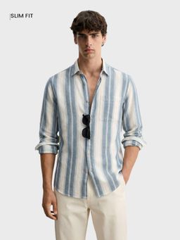 The Indian Garage Co - Mens Blue Slim Fit Vertical Stripes Cutaway Collar Full Sleeves Shirt