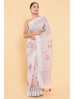Soch - Women Beige Linen Printed Saree with Stitched Blouse