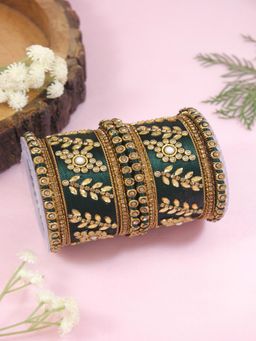 I Jewels - Gold Plated Traditional Green Silk Thread with Kundan Work Bangle Set