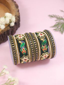 I Jewels - Gold Plated Traditional Silk Thread with Peacock Motif Bangle Set