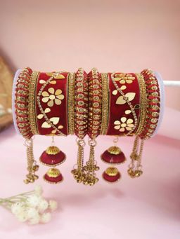 I Jewels - Gold Plated Velvet Matching Kundan Work and Latkan Detailing Bangle Set