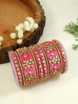 I Jewels - Gold Plated Traditional Pink Silk Thread Kundan Studded Bangle Set