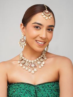 Beryachi - Pink Inaya Kundan Polki Necklace with Earrings & Maangtikka
