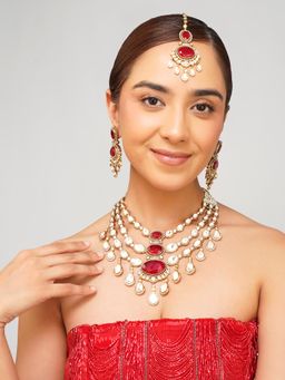 Beryachi - Vanya Layered Ruby Kundan Necklace with Earrings & Maangtikka