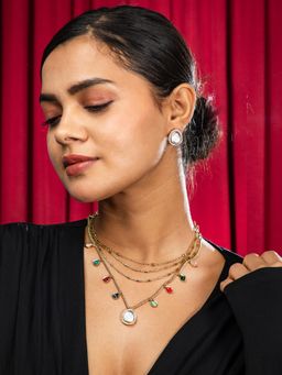 Niscka - Gold Plated Triple Layered Chain Kundan Necklace with Earrings