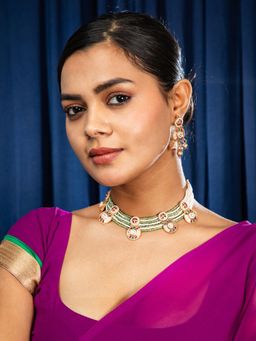 Niscka - 24K Gold Plated Antique Pearl Emerald Necklace with Earrings