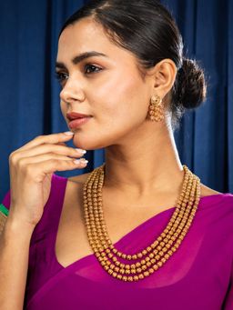 Niscka - Antique Gold Bead Multi Layer Matar Mala Necklace with Earrings