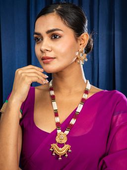 Niscka - Ethnic Antique Ruby Emerald Multi Layered Pearl Necklace with Earrings