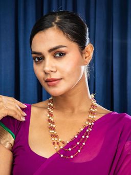 Niscka - Gold Plated Triple Layered Pink and White Pearl Necklace