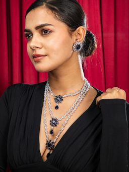 Niscka - Royal Blue Majesty Triple Layered American Diamond Necklace with Earrings