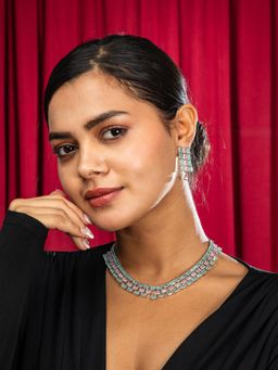 Niscka - Silver Rhodium Mint Green & Pink American Diamond Necklace with Earrings