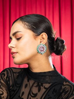 Niscka - Silver Rhodium Hydro Pink & Green American Diamond Stud Earrings