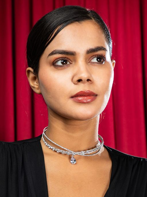 Niscka Elegant White Stone Droplet Rhodium Plated Choker Necklace