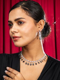 Niscka - Black Stone White AD Necklace with Earrrings