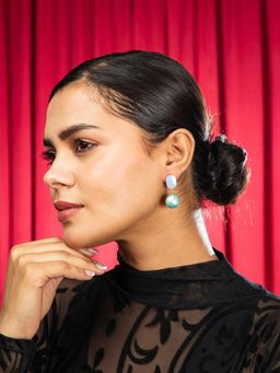 Niscka - Sunlit Blue Faux Pearl Gold Earrings