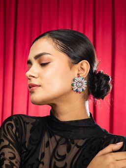 Niscka - Silver Rhodium Multi-Color American Diamond Stud Earrings