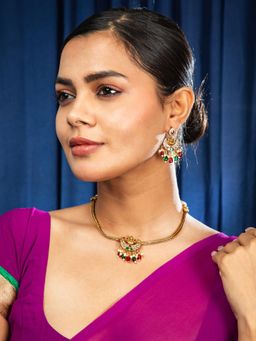 Niscka - 24K Gold Divine Green Red Lakshmi Temple Necklace with Earrings