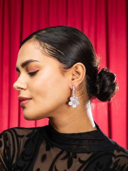 Niscka - Silver Rhodium Pink and White AD Hanging Earrings